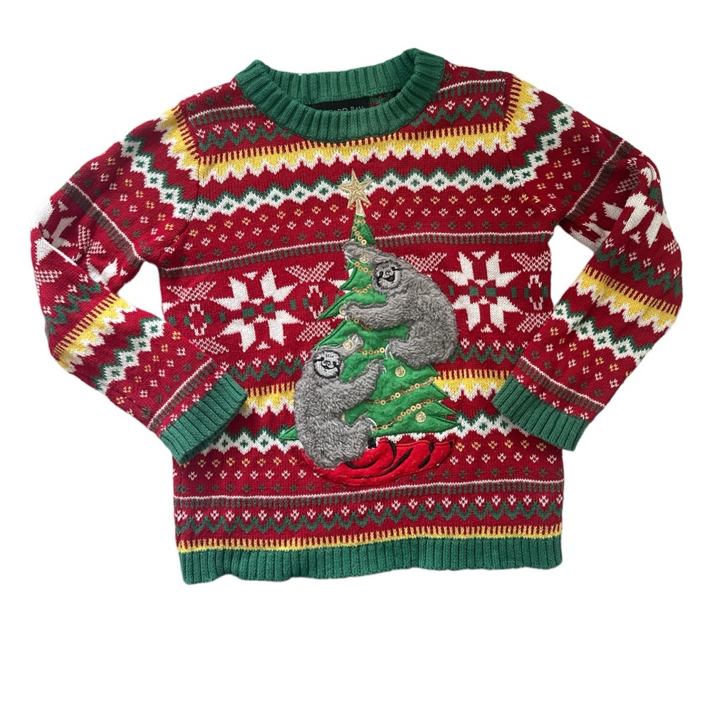 Blizzard Bay Christmas Holiday Ugly Sweater Kids Size 6 Sloth theme RED